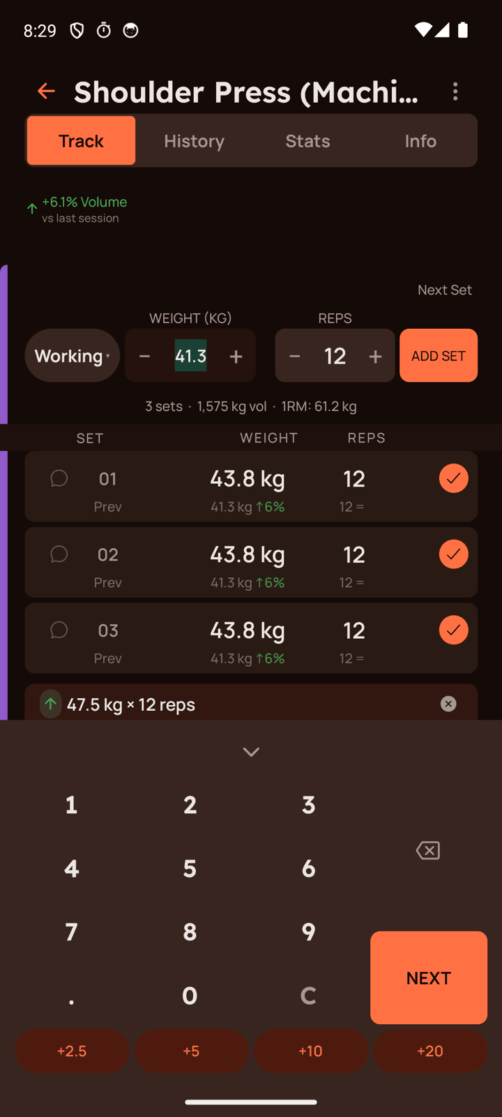 Kinetic fast-logging screen showing the GymKeypad with weight suggestions above