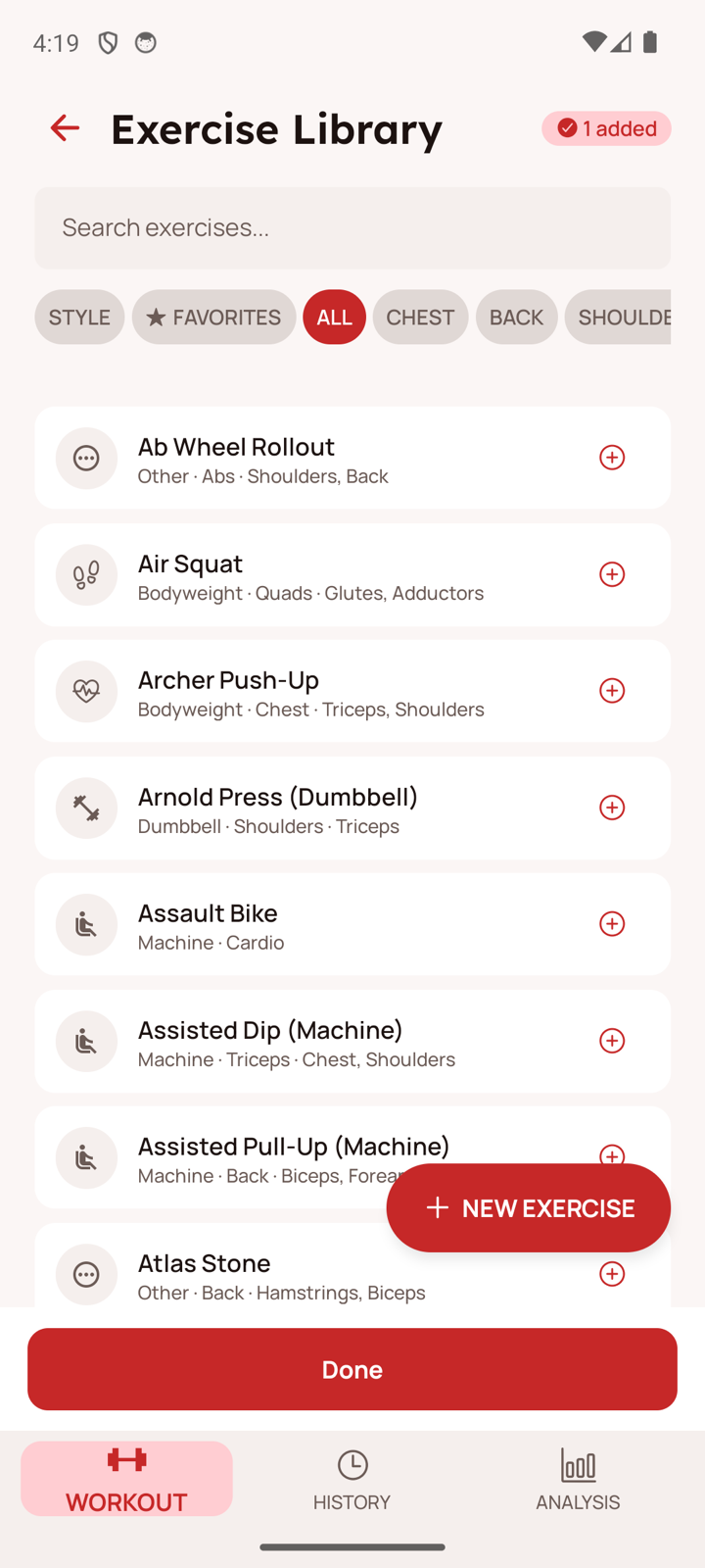 Kinetic exercise library showing exercises organized by category with search